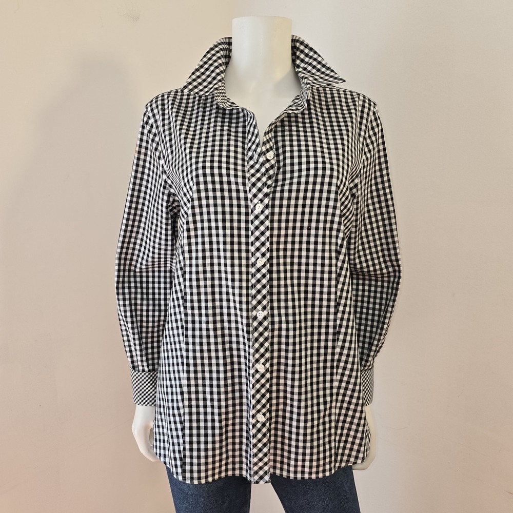 Talbots Button Down Shirt Size 14 Black Gingham Checks Long Sleeve Contrast Cuff